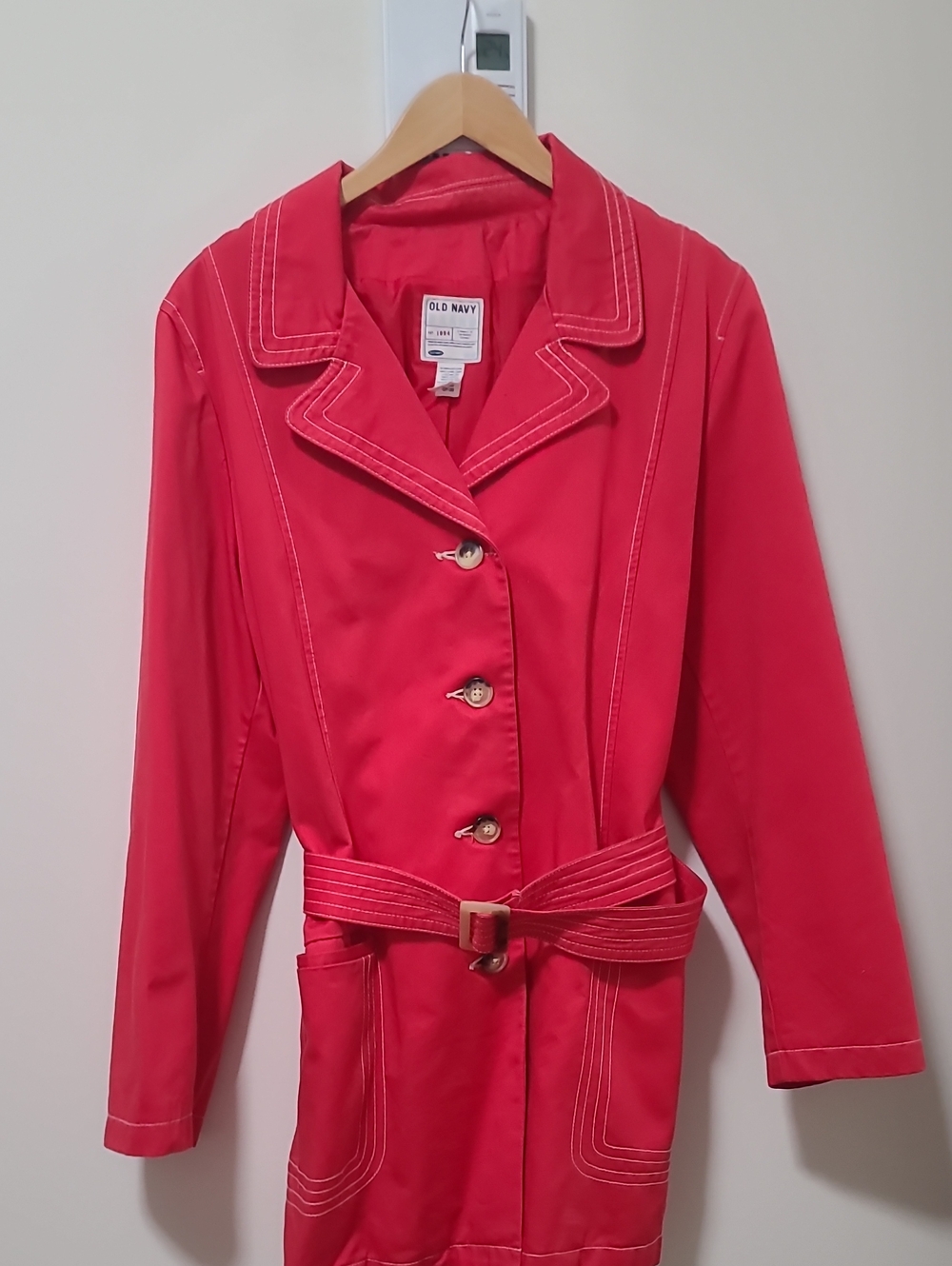 Old Navy Bright Red Belted Trench Coat with Contrast Stitching